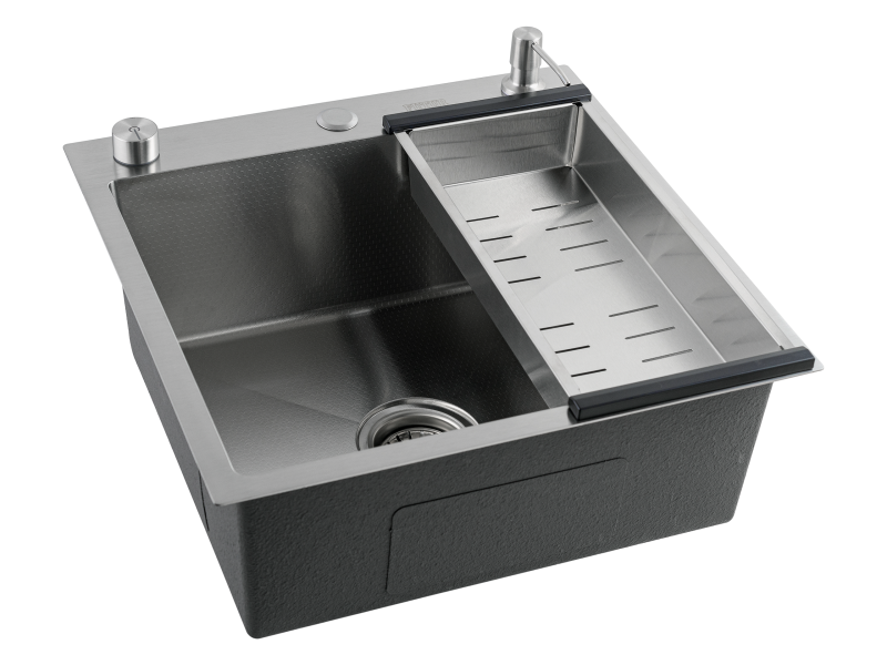 Кухонная мойка Futur FK 5050 Eco Embossing Pop-up Standart (9554484) с сифоном, коландером и дозатором   500х500х200  сатин