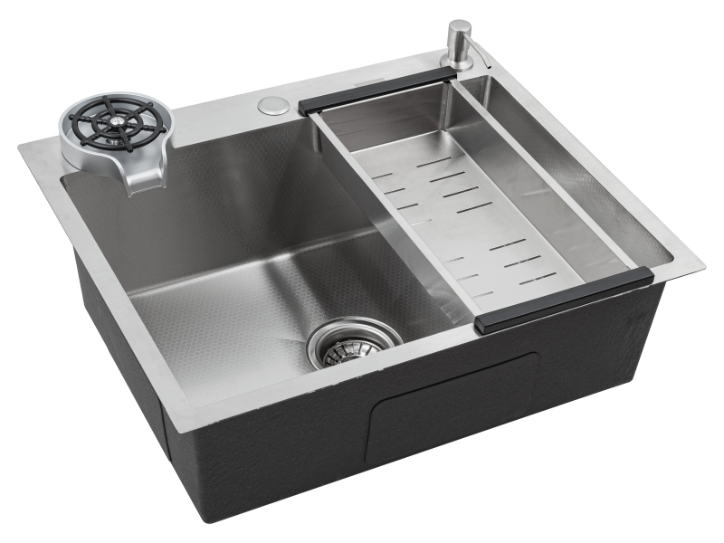 Кухонная мойка FUTUR FK 5050 Eco EMBOSSING POP-UP RINZER PLUS (9554487) с сифоном, коландером, дозатором и ринзером   500х500х200  сатин
