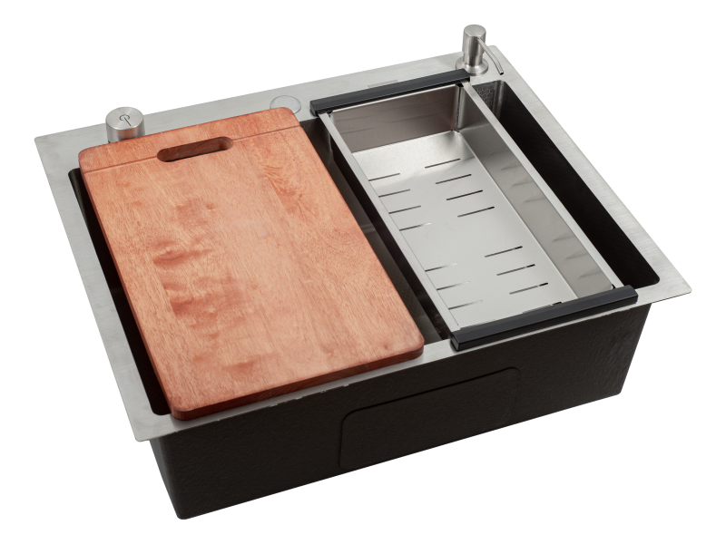 Кухонная мойка Futur FK 5050 Eco Embossing Pop-up Board plus (9554488) с сифоном, коландером, дозатором и разделочной доской   500х500х200  сатин
