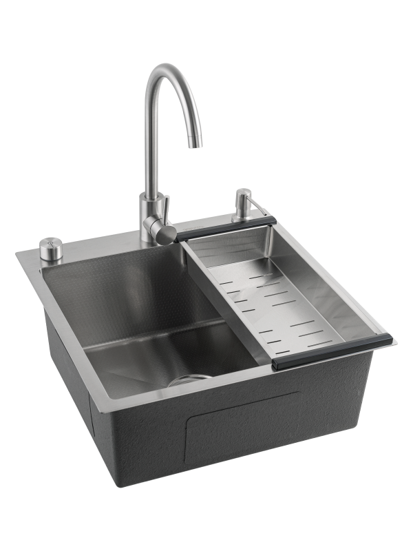 Кухонная мойка Futur FK 5050 Eco Embossing Pop-up Mixer plus (9554490) с сифоном, коландером, дозатором и смесителем   500х500х200  сатин