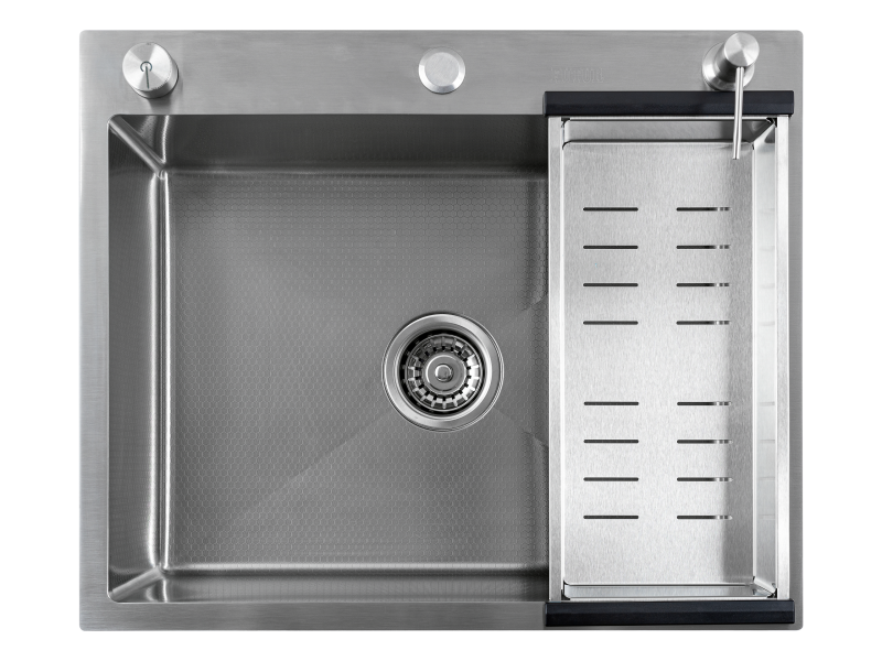 Кухонная мойка Futur FK 6050 Eco Embossing Pop-up Standart (9554513) с сифоном, коландером и дозатором    600х500х200  сатин