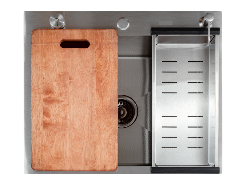 Кухонная мойка Futur FK 5550 Eco Embossing Pop-up Board plus (9554498) с сифоном, коландером, дозатором и разделочной доской   550х500х200  сатин
