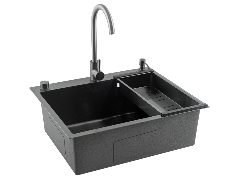 Кухонная мойка Futur FK 5550 Eco Embossing Pop-up Mixer plus (9554500) с сифоном, коландером, дозатором и смесителем   550х500х200  графит