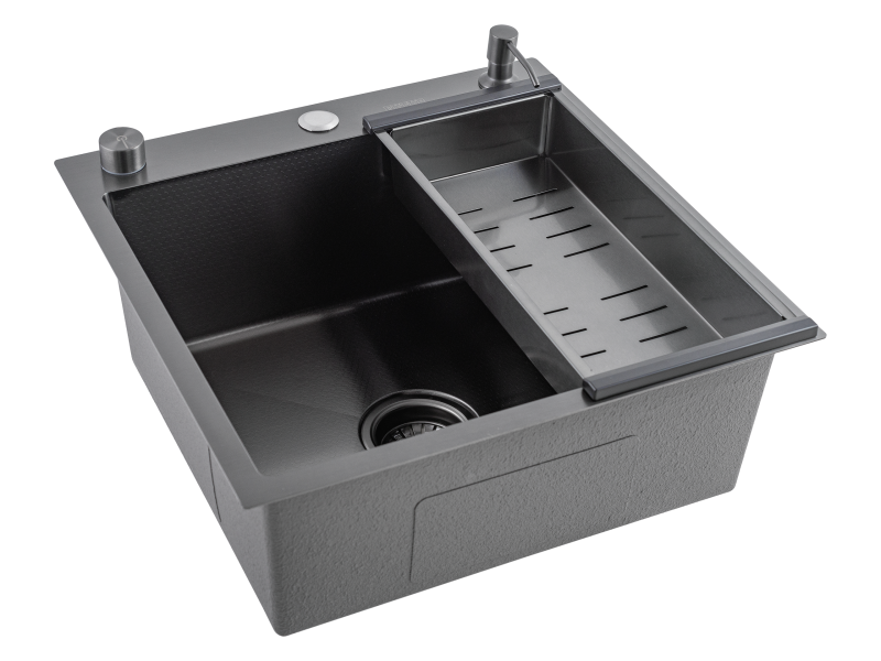 Кухонная мойка Futur FK 5050 Eco Embossing Pop-up Standart (9554519) с сифоном, коландером и дозатором   500х500х200  графит