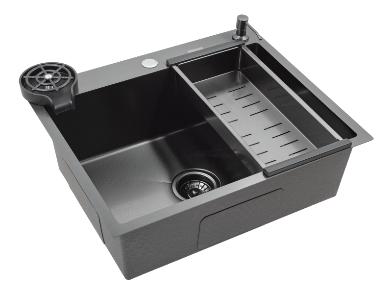 Кухонная мойка Futur FK 5550 Eco Embossing Pop-up Rinzer plus (9554537) с сифоном, коландером, дозатором и ринзером   550х500х200  графит