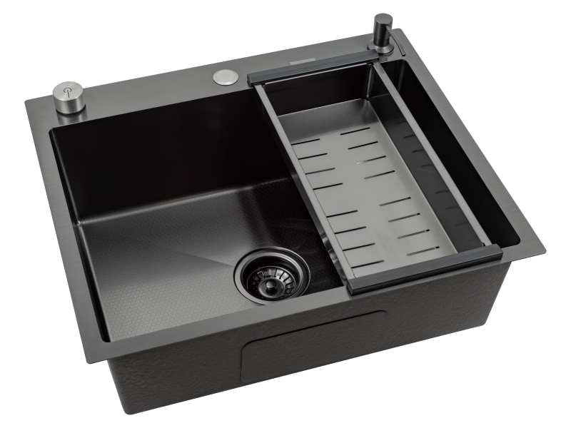 Кухонная мойка Futur FK 5550 Eco Embossing Pop-up Standart (9554533) с сифоном, коландером и дозатором    550х500х200  графит