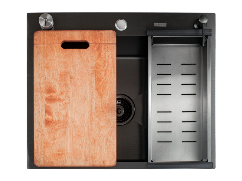Кухонная мойка Futur FK 5550 Eco Embossing Pop-up Board plus (9554539) с сифоном, коландером, дозатором и разделочной доской   550х500х200  графит